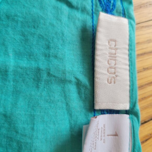 Chicos Womens Embroidered Tunic Top Size 1 Turquoise With Blue Floral Design M - Picture 4 of 8